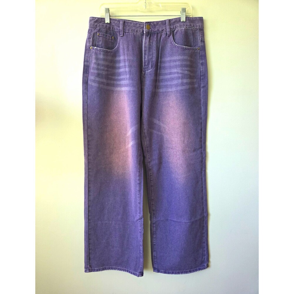 EMMIOL Mens Baggy Wide Leg Jeans Purple Size L 34/30 Mid Rise Sandblast Y2K Fade